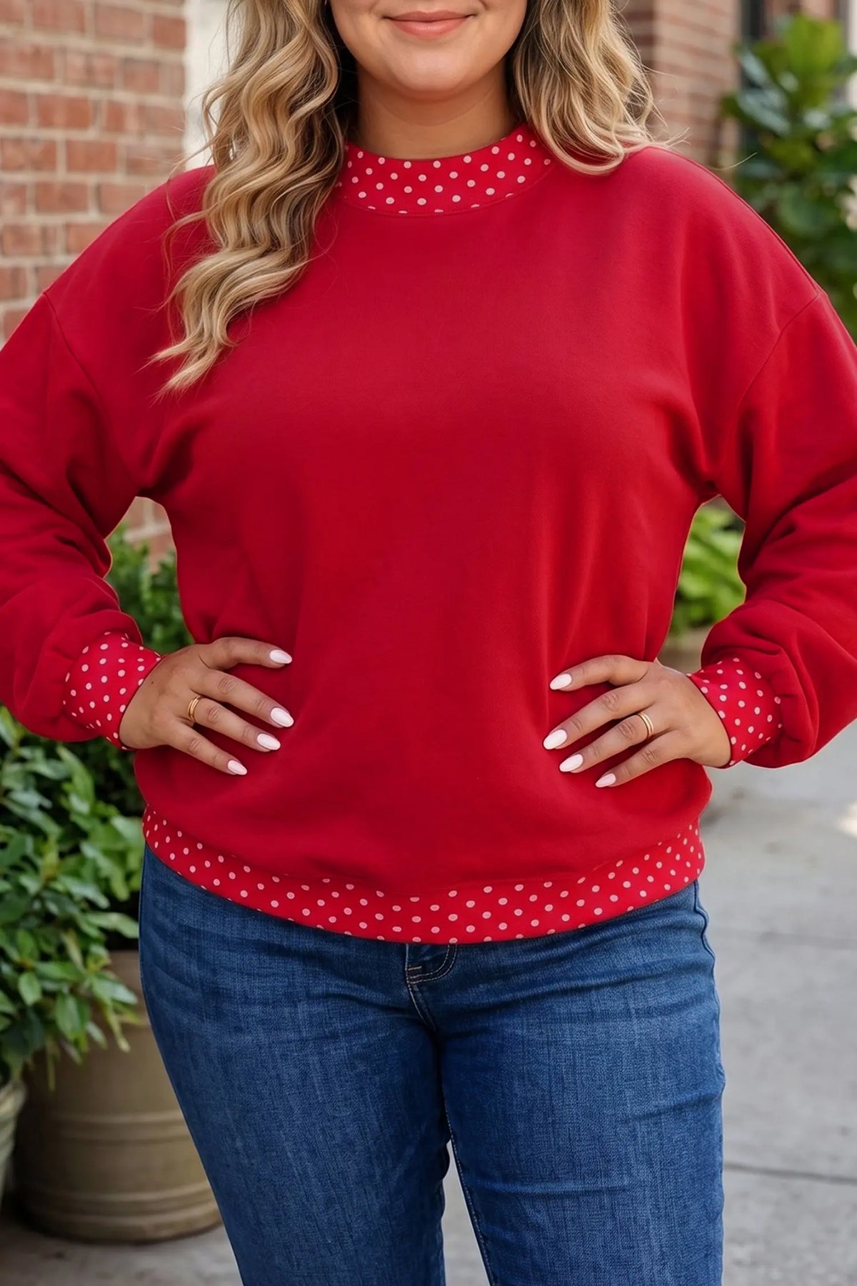 Tillandsia Purple Polka Dot Patchwork Round Neck Plus Size Sweatshirt