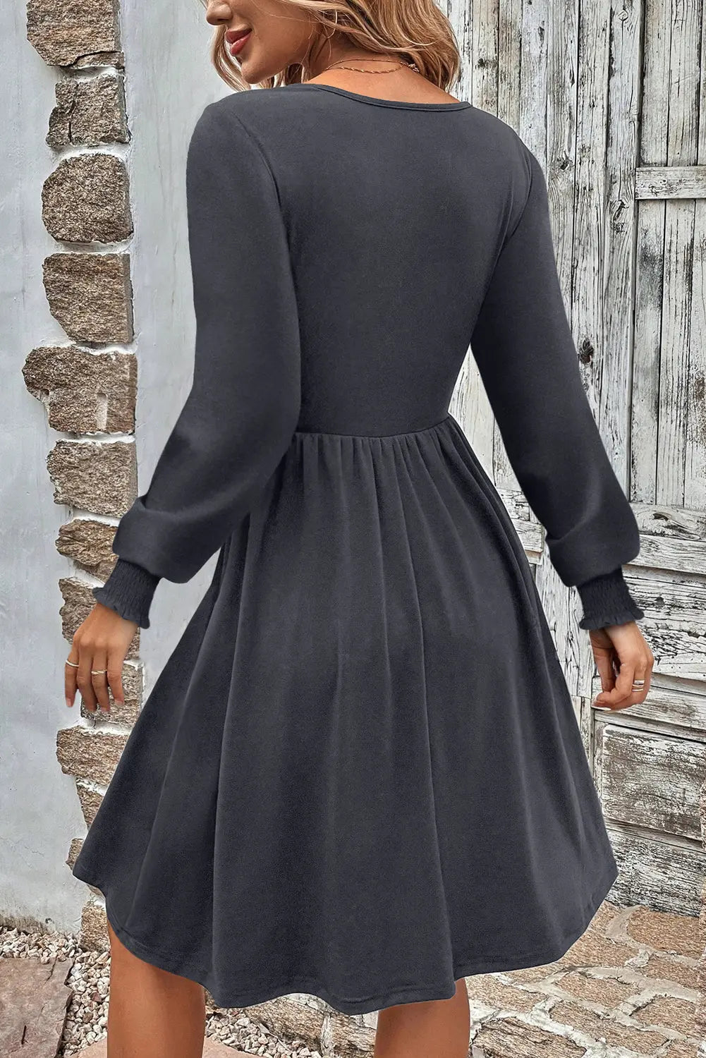 Dark Grey Shirred Cuff Long Sleeve Button Round Neck Mini Dress