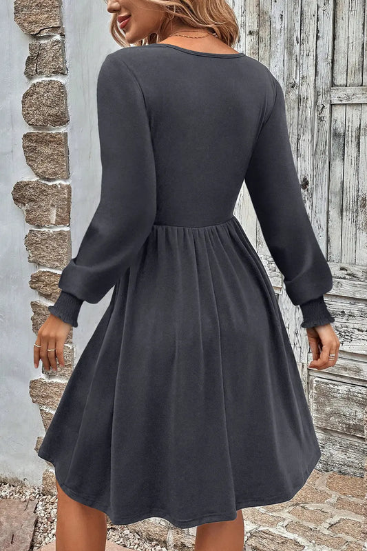 Dark Grey Shirred Cuff Long Sleeve Button Round Neck Mini Dress
