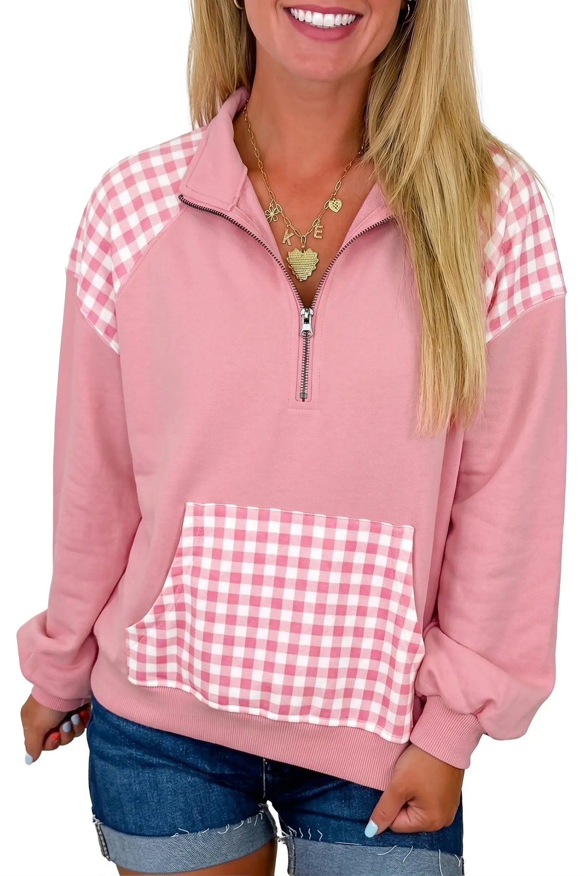 Patchwork Plaid Pocket Quarter Zip Sweatshirt pink model front view · nz-alt-v1