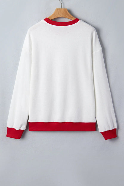 Beige Color Block Trim Merry Slogan Pullover Sweatshirt