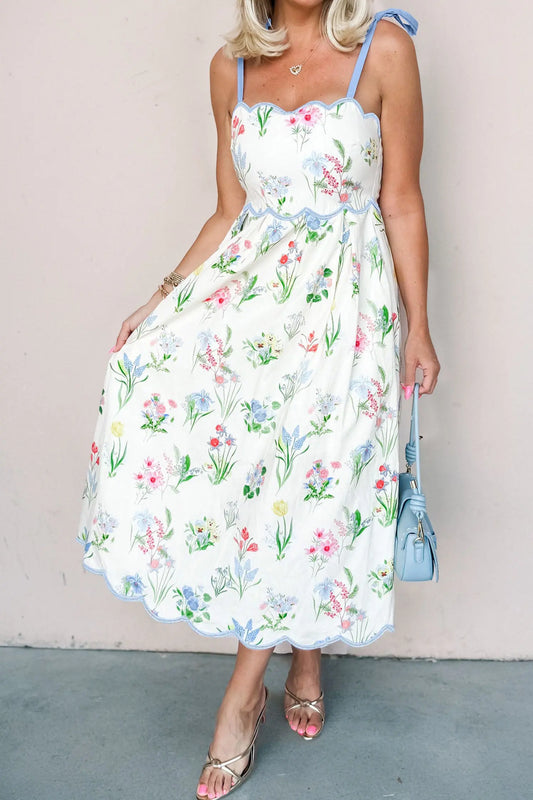 Beige Floral Print Contrast Trim Self-tie Straps High Waist Midi Dress Nataliz