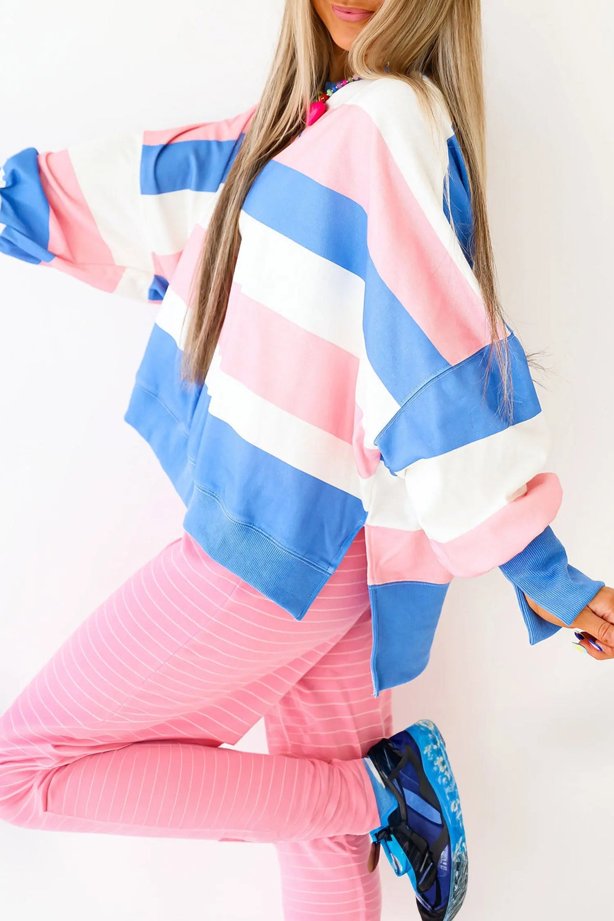 Pink Stripe Side Split Oversized Long Sleeve Top