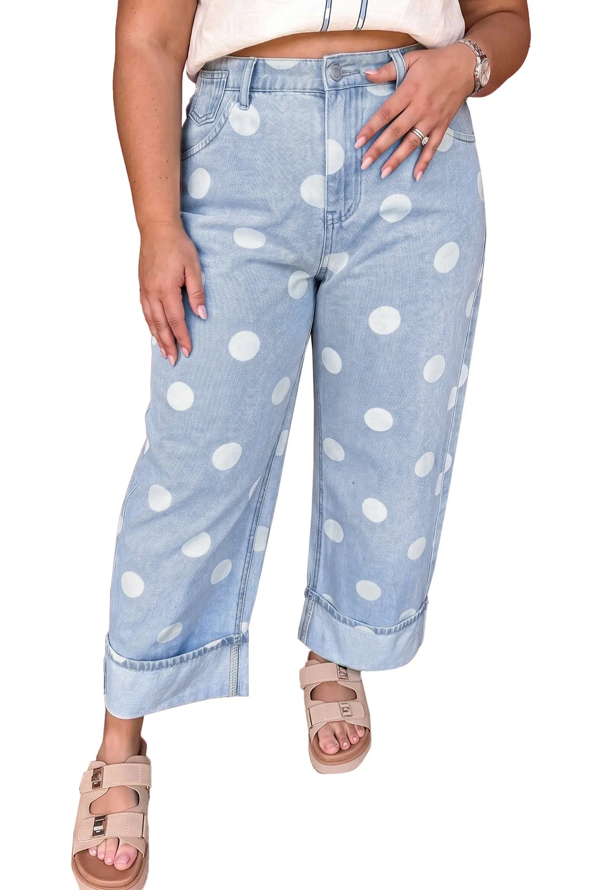 Sky Blue Polka Dot Full Length Regular Fit Plus Size Jeans