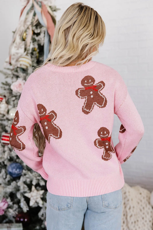 Pink Gingerbread Pattern Round Neck Long Sleeve Shift Sweater model back view · nz-alt-v1