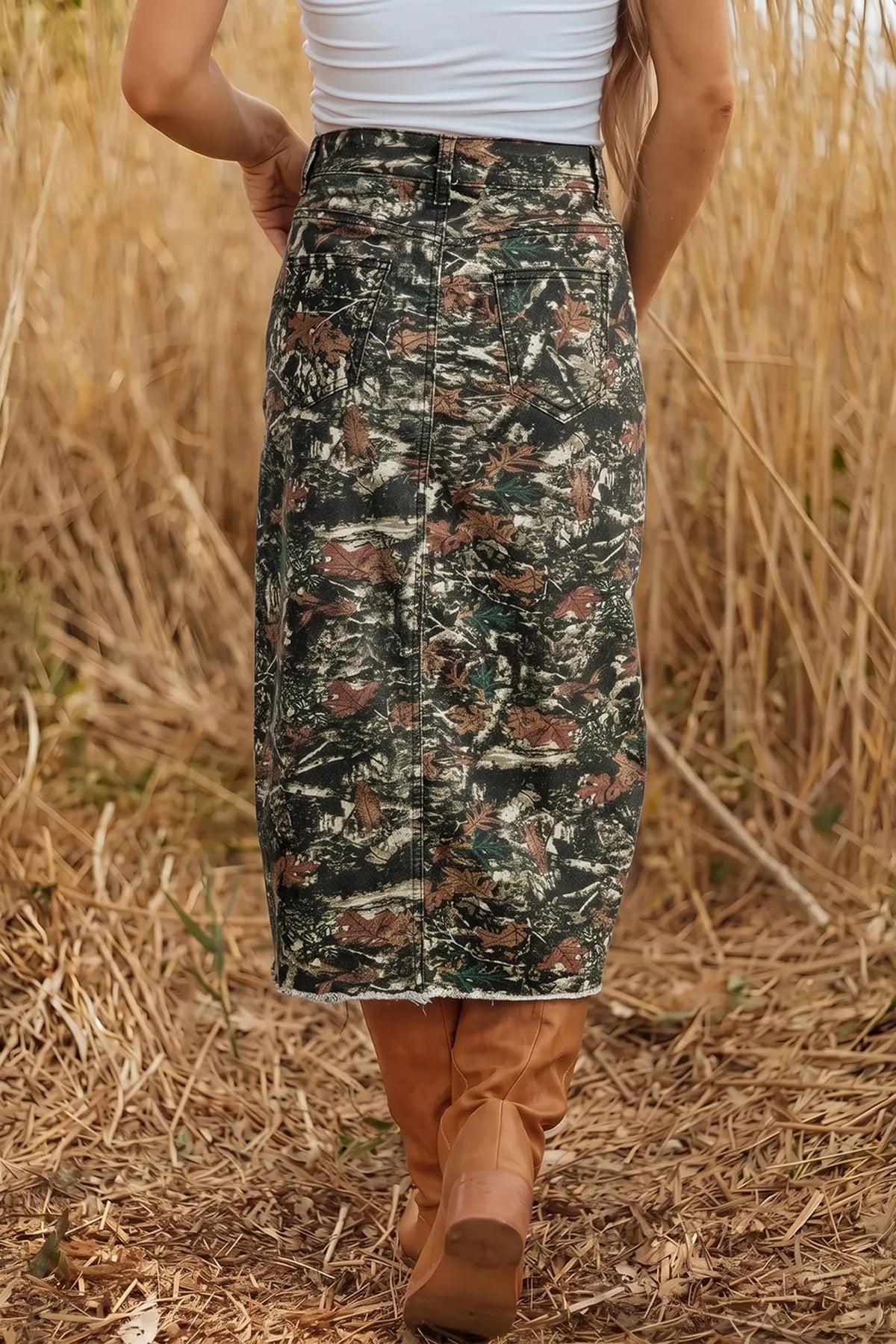 Multicolour Woodland Camouflage Split Raw Hem Midi Western Skirt model back view · nz-alt-v1