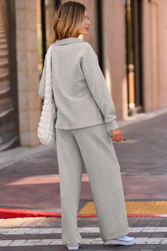 Gray Solid Color V Neck Top and High Waist Pants Set