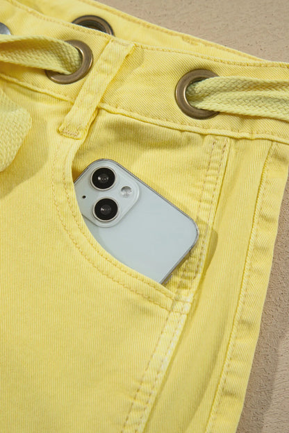Yellow Solid Color Grommet Detail Knot Waist Barrel Jeans