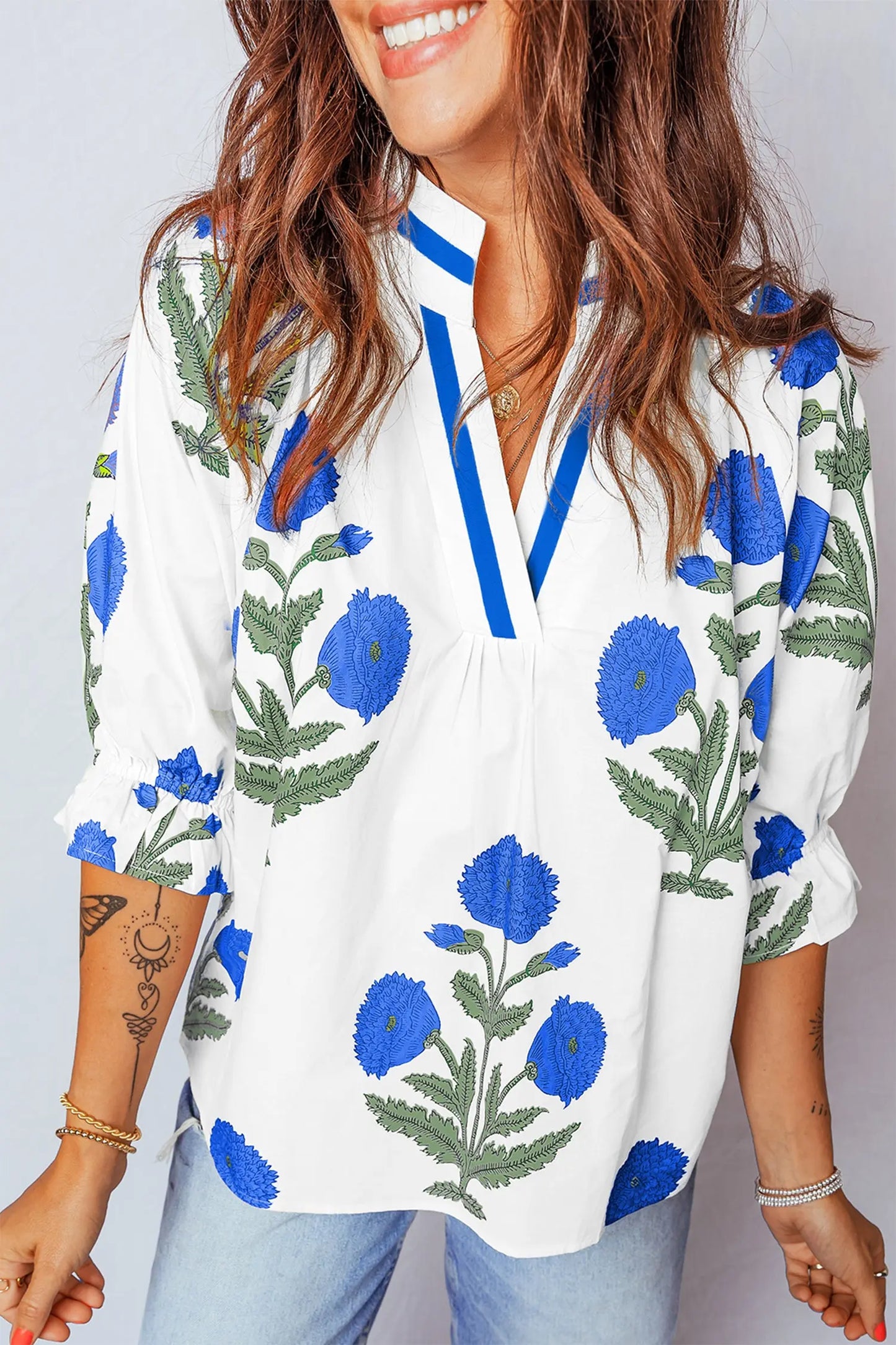 Sky Blue Casual Wild Flower Print V Neck 3/4 Sleeve Blouse Nataliz