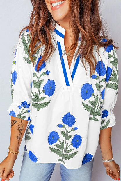 Sky Blue Casual Wild Flower Print V Neck 3/4 Sleeve Blouse Nataliz