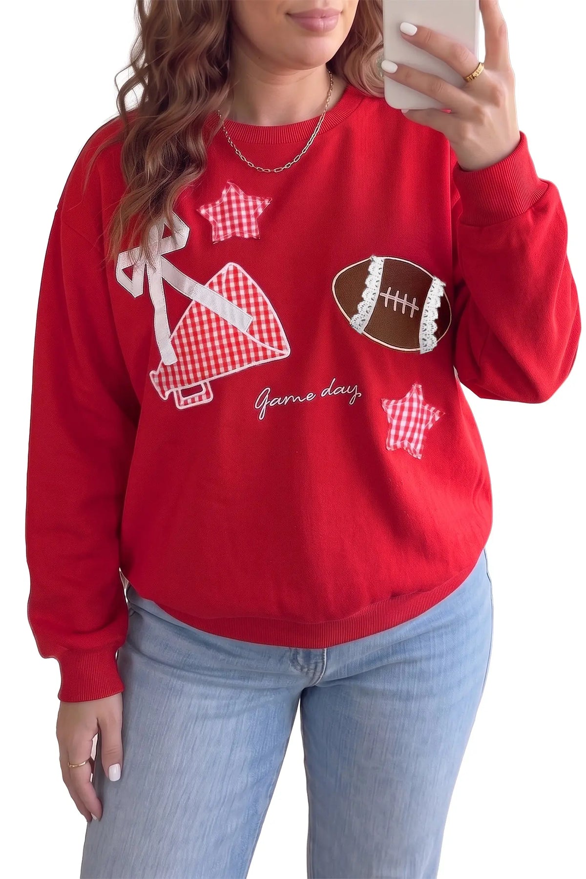 Red Rugby Game Day Patchwork Graphic Plus Size Sweatshirt model front view · nz-alt-v1