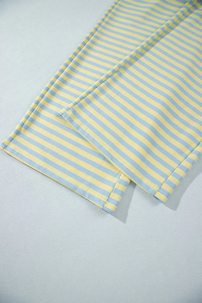 Yellow Stripe Colorblock Trim Crew Neck Loose Tee Drawstring Elastic Waist 2pcs Pant Set