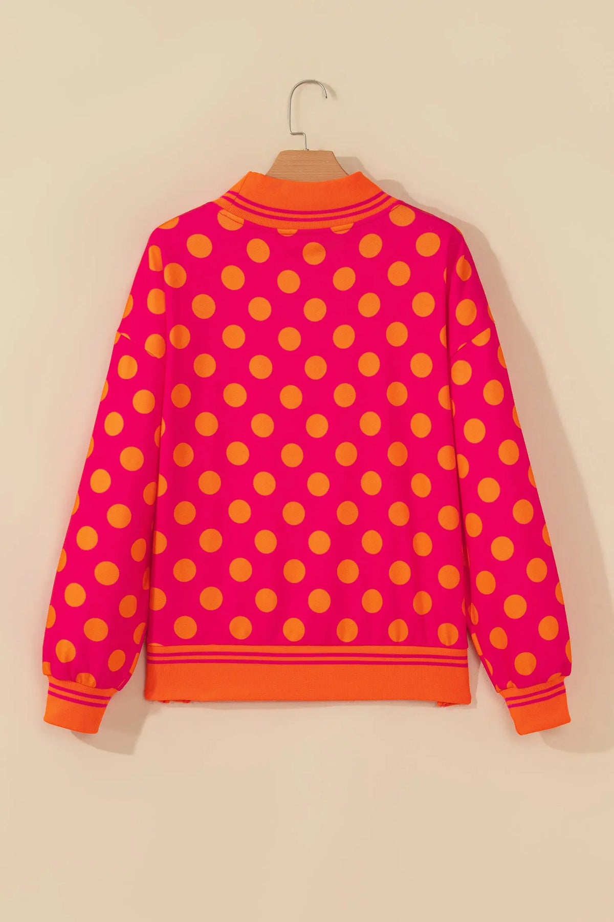 Rose Polka Dot Striped Trim Mock Neck Sweatshirt