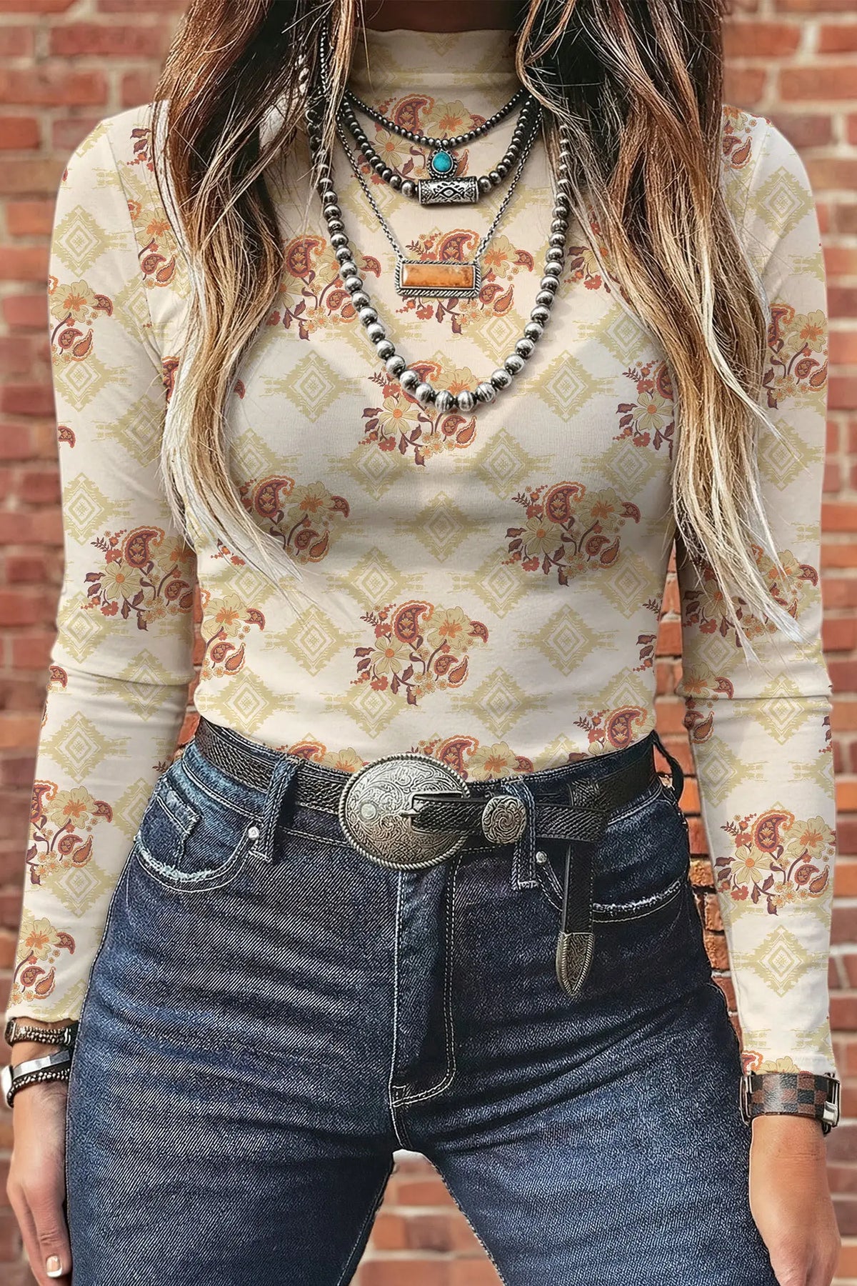 Apricot Floral Print Slim Fit Mesh Long Sleeve Mock Neck Top model front view · nz-alt-v1