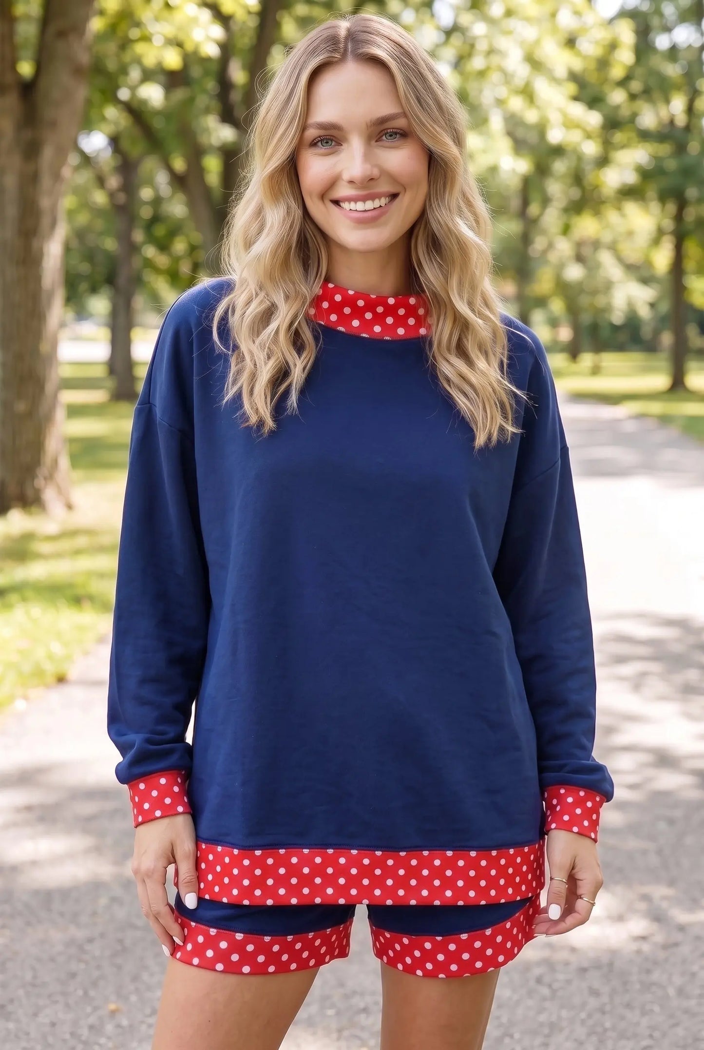 Dark Blue Polka Dot Trim Baggy Pullover 2pcs Short Set