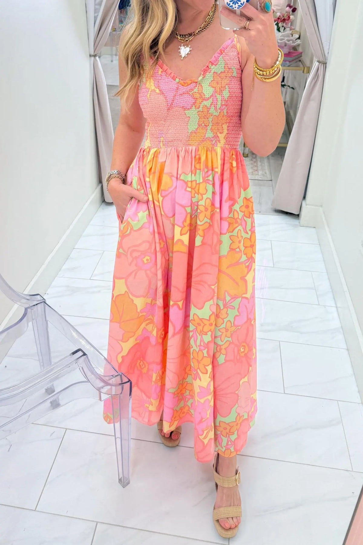 Pink Spaghetti Straps Floral Shirred High Waist Dress model front view · nz-alt-v1