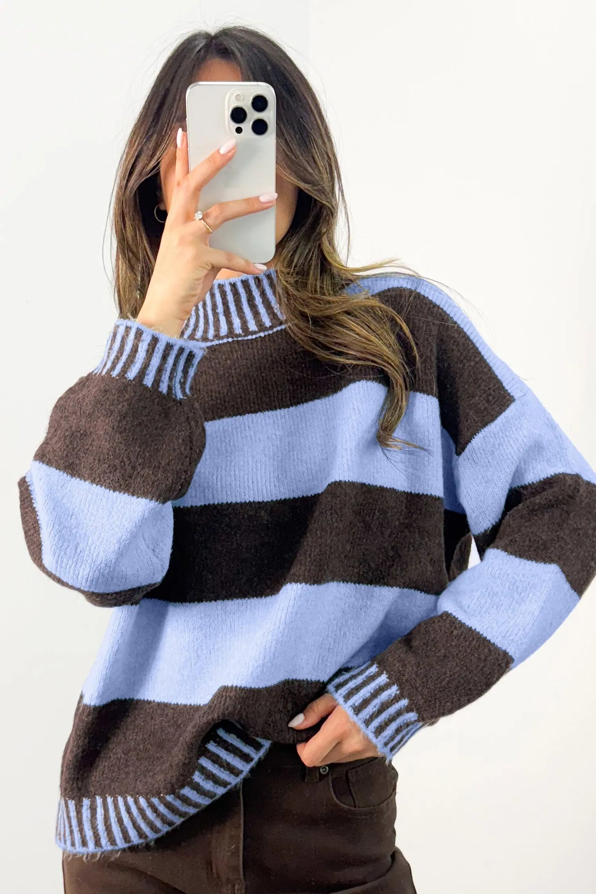 Sky Blue Stripe Contrast High Neck Dropped Shoulder Relaxed Pullover Sweater