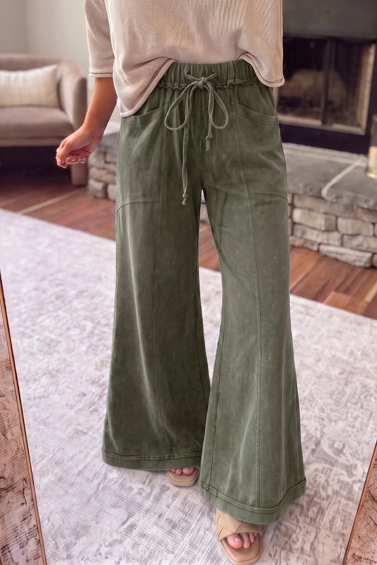 Jungle Green Mineral Wash Seam Detail Flare Leg Drawstring Pants model front view · nz-alt-v1