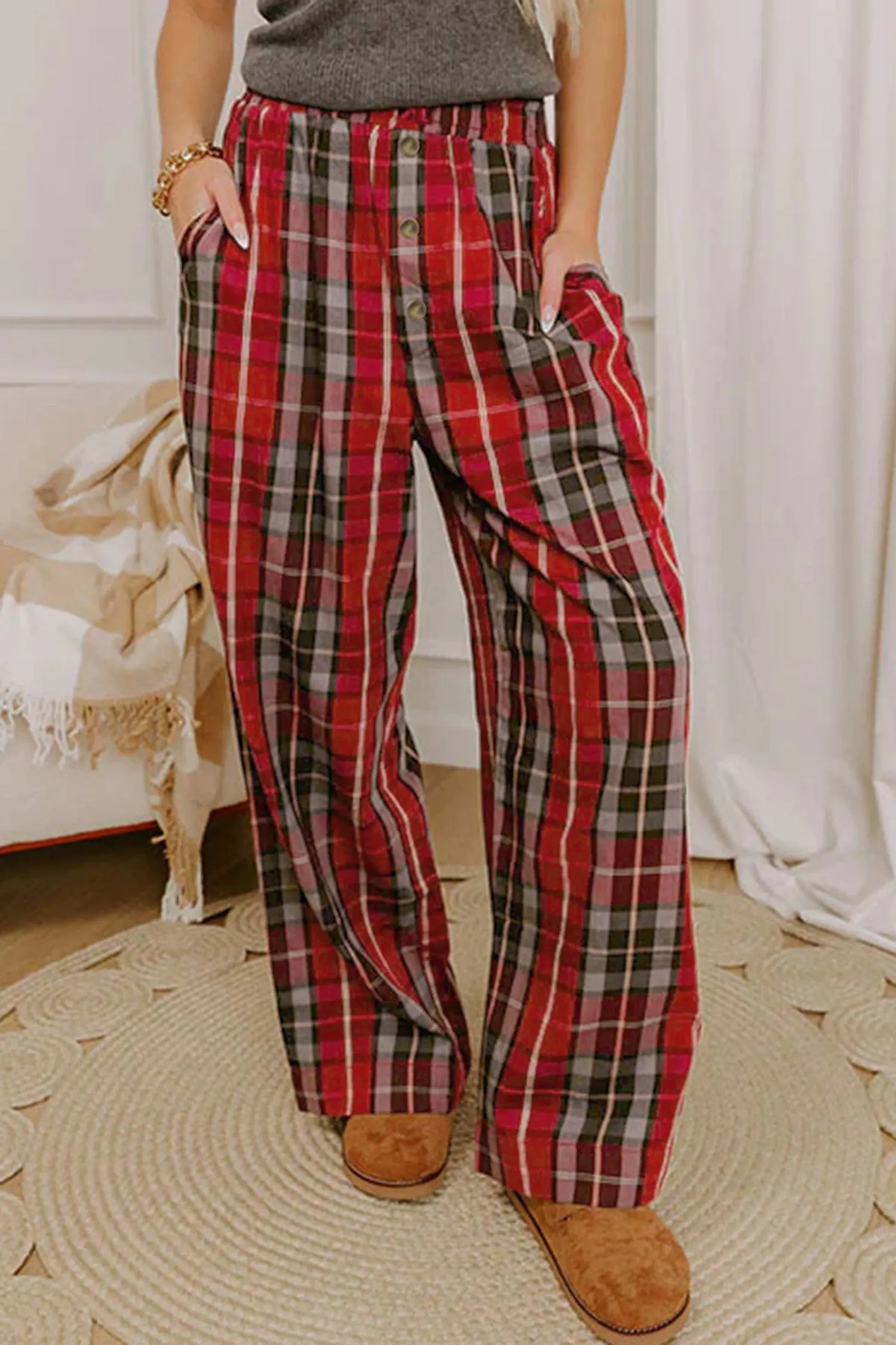 Red Plaid Elastic Waist Pocket Regular Full-Length Pants