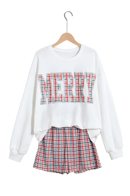 Multicolour Plaid MERRY Holiday Long Sleeve Top and Shorts Set