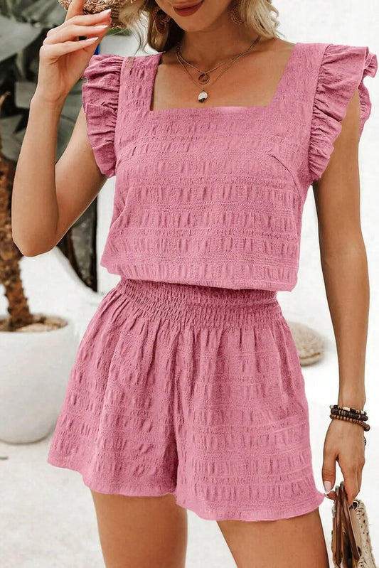 Peach Blossom Textured Square Neck Top and Shirred High Waist Shorts Set Nataliz