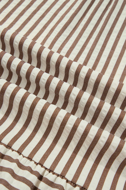 Brown Stripe Shirt Collar Color Block Patchwork Trim Ruffle Hem Short Dress