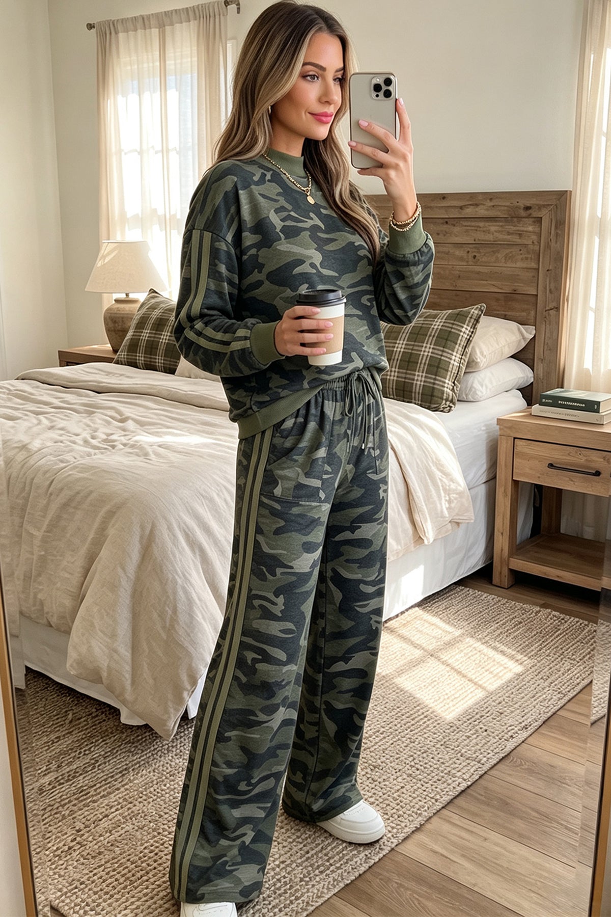 Multicolour Camouflage Patchwork Striped Detail Long Sleeve Top Casual Pants Set