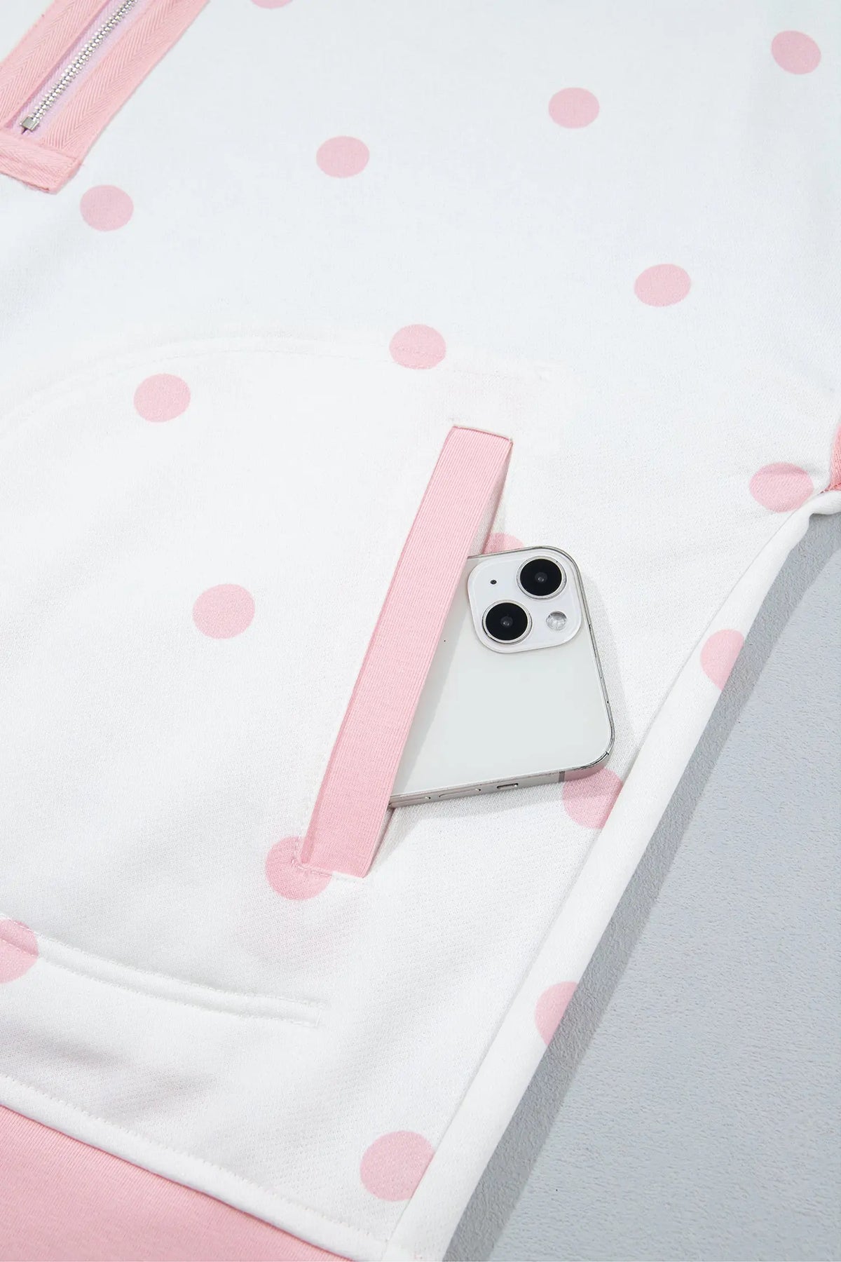 Pink Polka Dot Half Zip Drop Shoulder Relaxed Sweatshirt detail view · nz-alt-v1