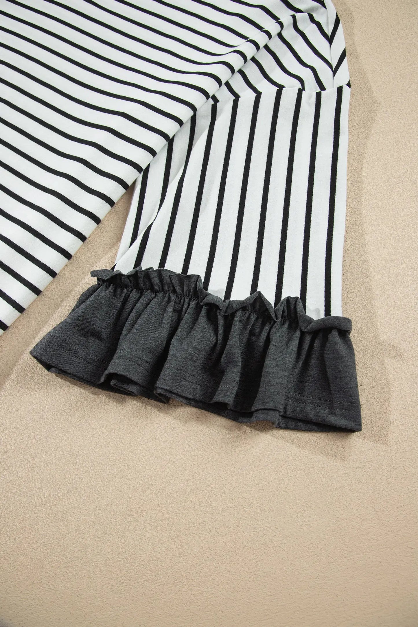 Gray Stripe V Neck Ruffle Contrast Sleeve Top Drawstring Pants 2pcs Set