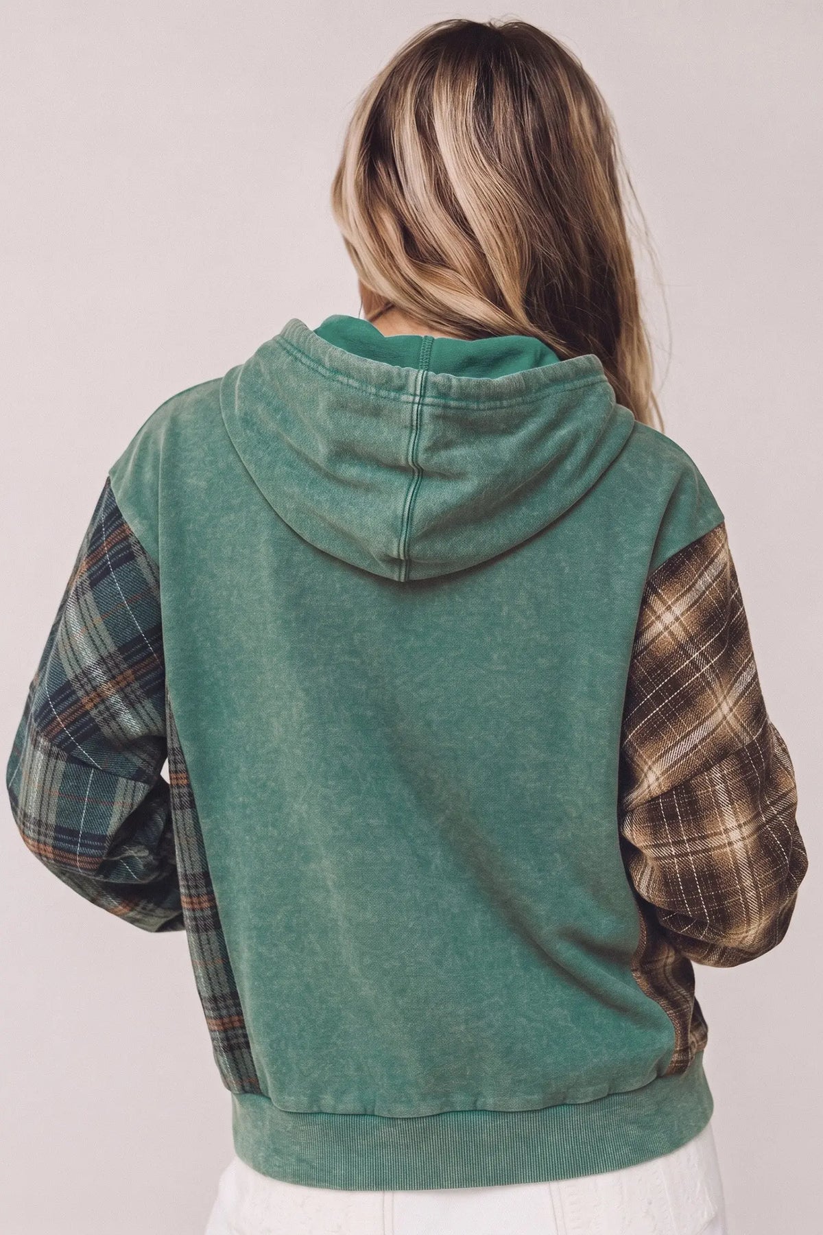 Smoke Green Plaid Colorblock Hoodie model back view · nz-alt-v1