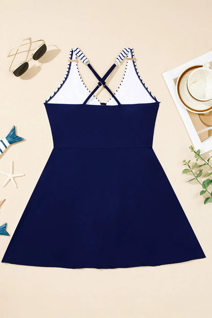 Blue Stripe Patchwork Crossed Straps One Piece Swim Dress