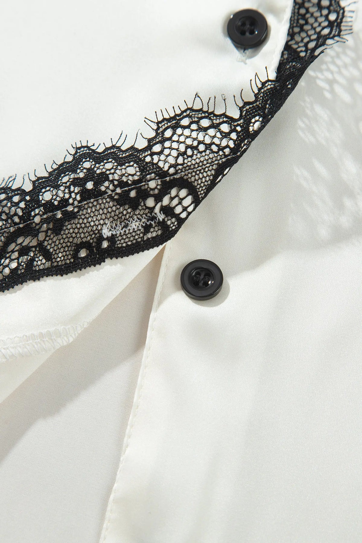 White Long Sleeve Lace Trim Button Front 2pcs Pajama Set