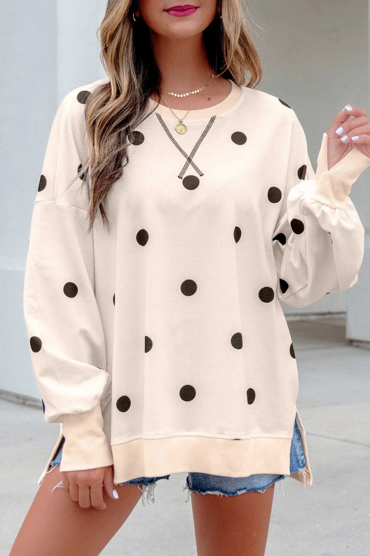 Pink Polka Dot Loose Long Sleeve Split Hem Pullover Top