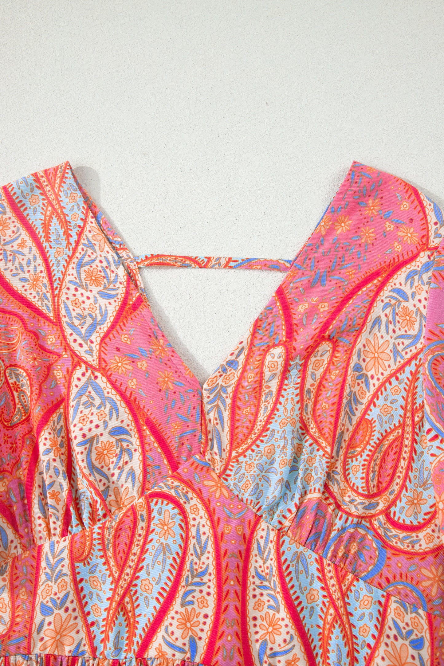 Multicolour Paisley Print V-Neck Short Sleeve Boho Maxi Dress with Ruffle Details