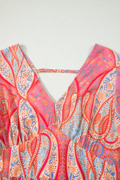 Multicolour Paisley Print V-Neck Short Sleeve Boho Maxi Dress with Ruffle Details