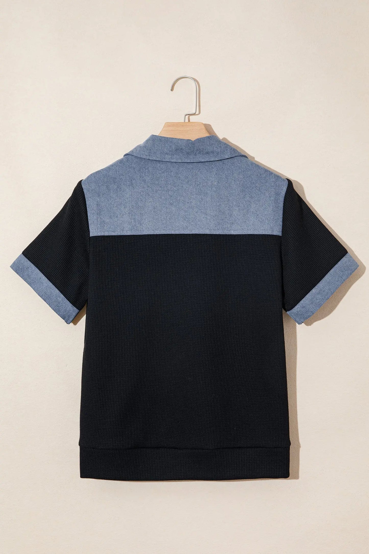 Black Waffle Knit Denim Color Block Patchwork Button Flap Polo Top - Tops
