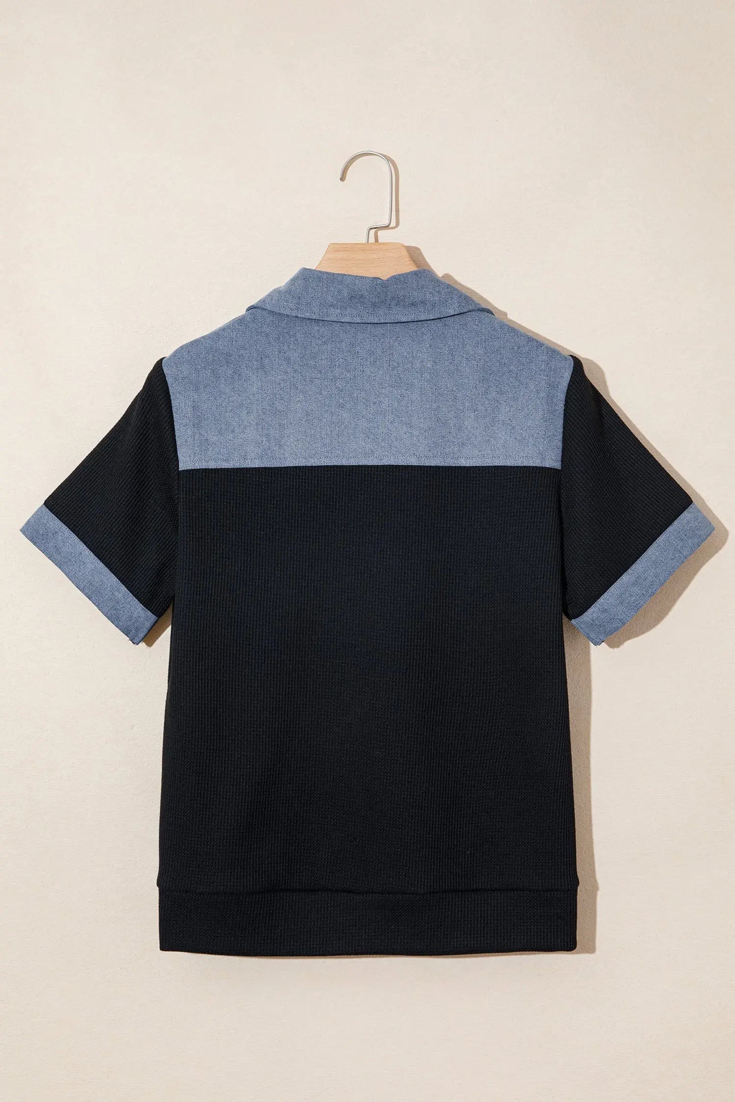 Black Waffle Knit Denim Color Block Patchwork Button Flap Polo Top - Tops