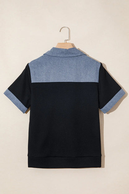 Black Waffle Knit Denim Color Block Patchwork Button Flap Polo Top - Tops