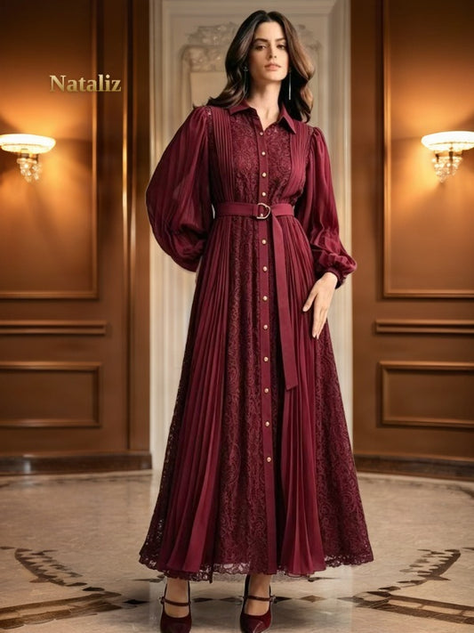 Panelled Pleated Maxi Shirt Dress with Belt model front view