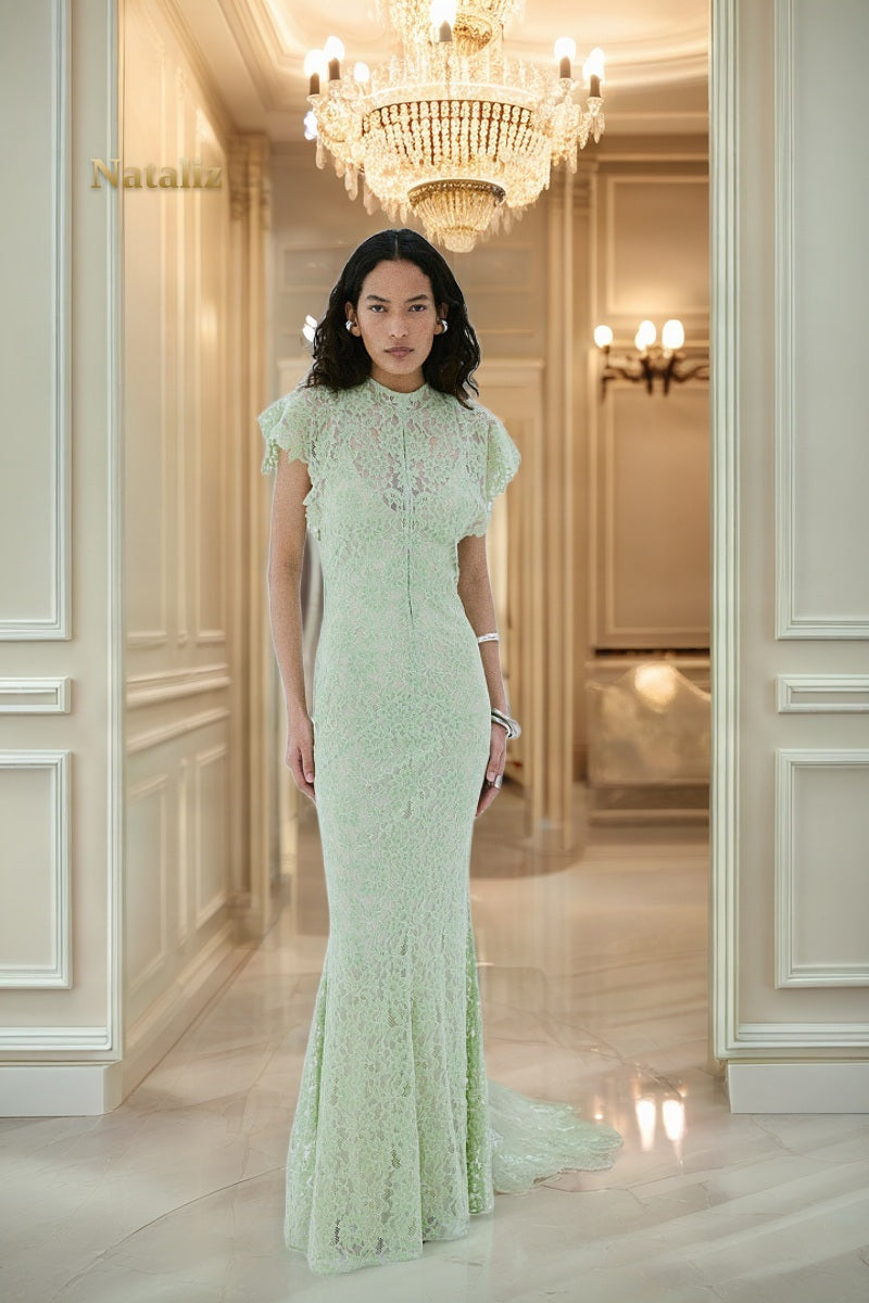 Floral Lace Flutter Sleeve Maxi Gown in Sage model front view