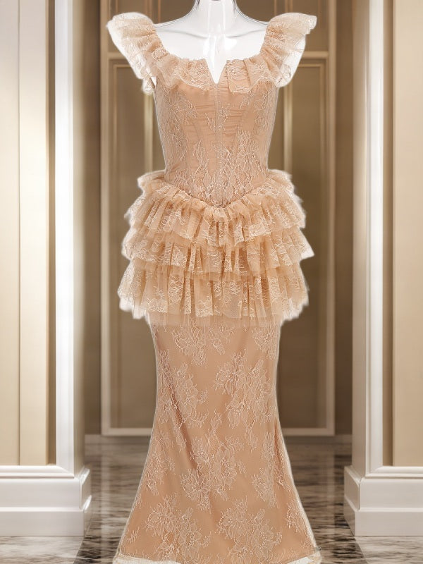 Blush Lace Corset Maxi Dress with Ruffle Peplum mannequin view · nz-bg-v1