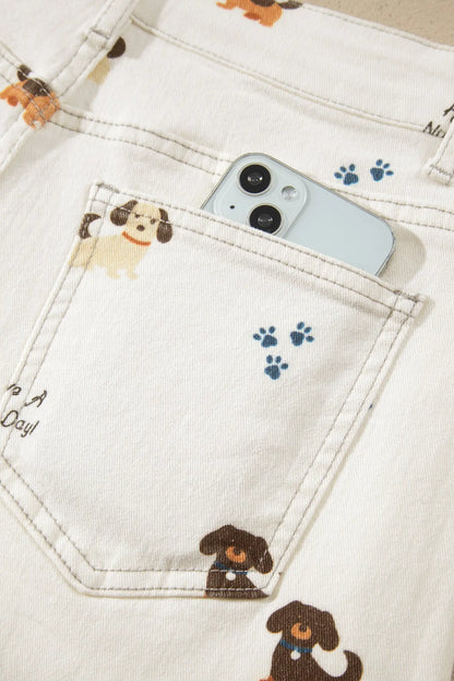 White Abstract Dog Print Wide Leg Full-Length Jeans