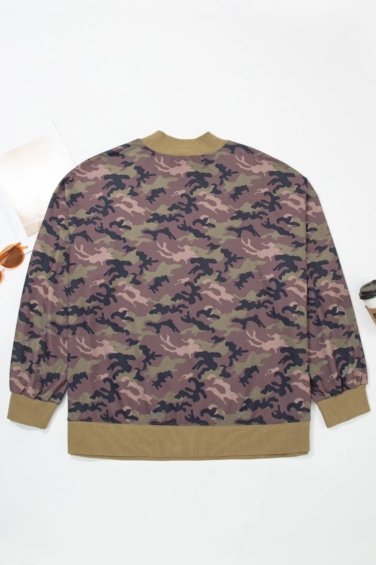 Green camouflage print high neck plus size sweatshirt back flat lay view · nz-alt-v1
