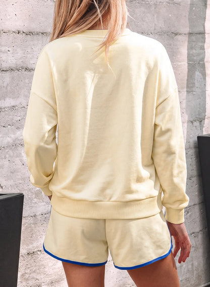 Beige Game Day Crewneck Long Sleeve Pullover Athleisure Short Sets