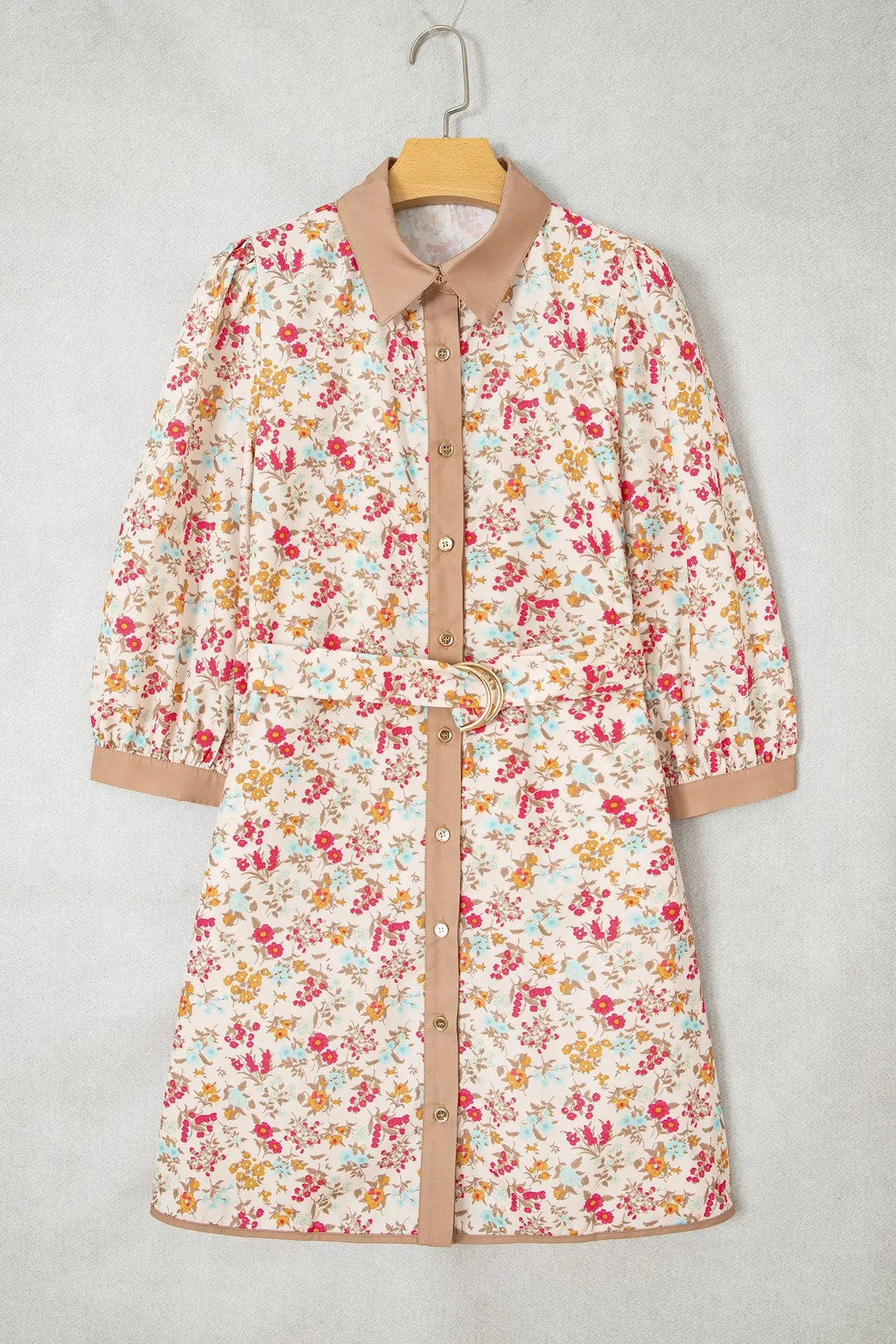 Orange Floral Print Button Down 3/4 Sleeve Belted Mini Dress hanging view · nz-alt-v1