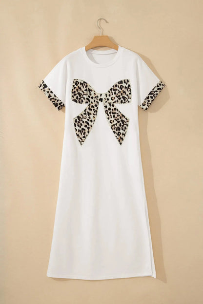 White Contrast Leopard Bow Patched Short Sleeve T Shirt Long Dress - Casual Dresses