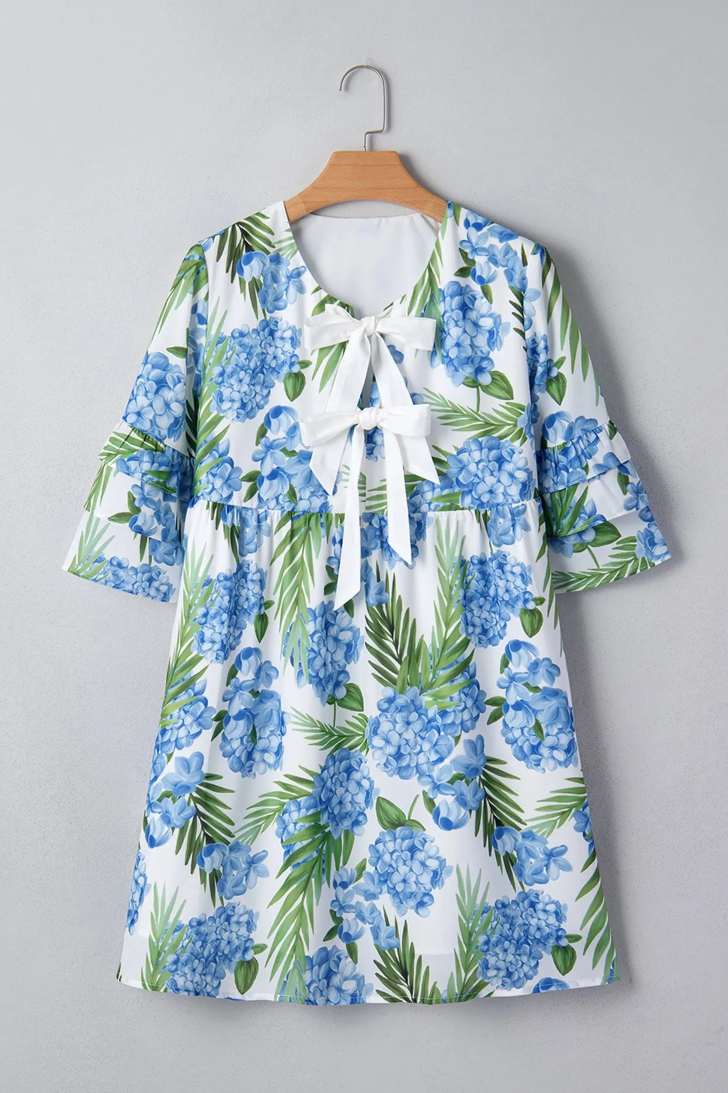 Sky Blue Palm Floral Print Contrast Ribbon Knot Ruffle Tiered Sleeve Mini Dress - Casual Dresses