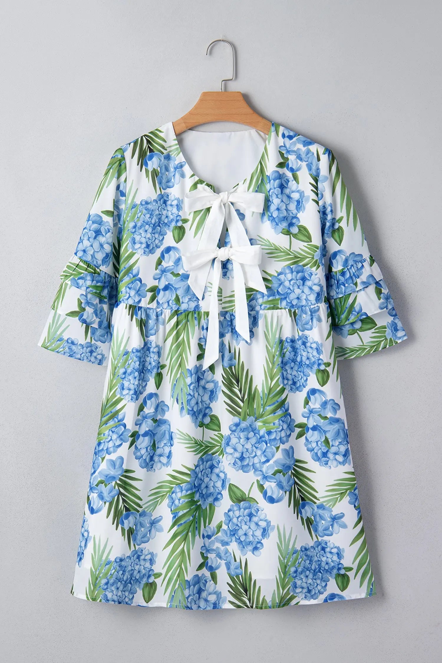 Sky Blue Palm Floral Print Contrast Ribbon Knot Ruffle Tiered Sleeve Mini Dress - Casual Dresses