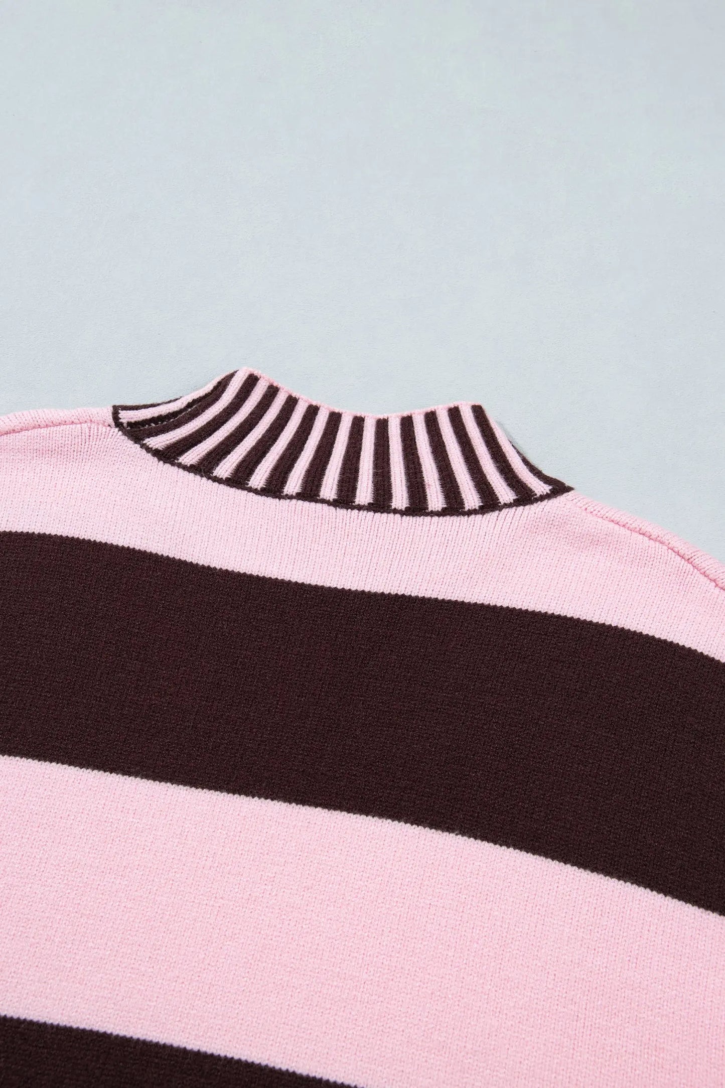 Pink Stripe Contrast High Neck Dropped Shoulder Relaxed Pullover Sweater