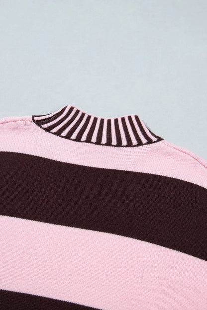 Pink Stripe Contrast High Neck Dropped Shoulder Relaxed Pullover Sweater